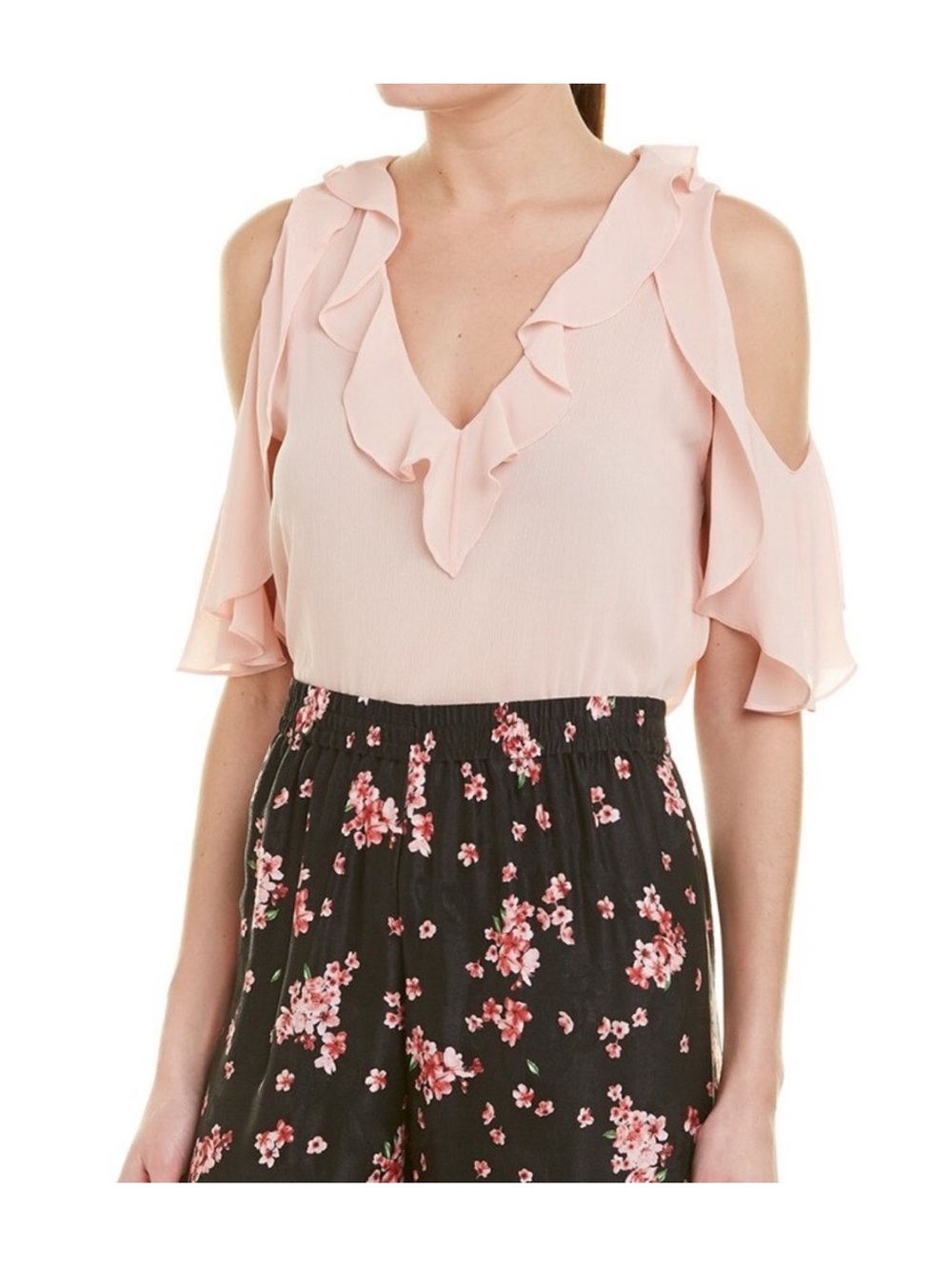 Alice + Olivia Pale Pink Cold-Shoulder Ruffle V-Neck Blouse